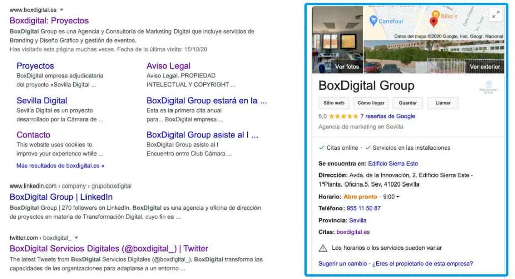 Apariencia de un buscador con la ficha de Google My Business